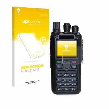 Front side of a product packaging with the brand logo upscreen. Next to it is the device AnyTone AT-D878UV Plus shown with the