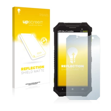 Front side of a product packaging with the brand logo upscreen. Next to it is the device SkyCaddie SX500 shown with the corres
