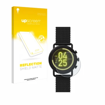 Front side of a product packaging with the brand logo upscreen. Next to it is the device Skagen Smartwatch Falster 3 shown wit