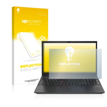 Front side of a product packaging with the brand logo upscreen. Next to it is the device Lenovo ThinkPad E15 shown with the co