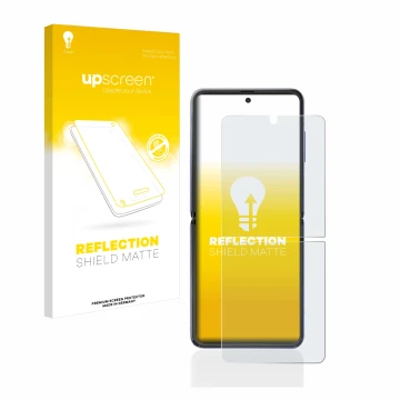 Front side of a product packaging with the brand logo upscreen. Next to it is the device Samsung Galaxy Z Flip shown with the 