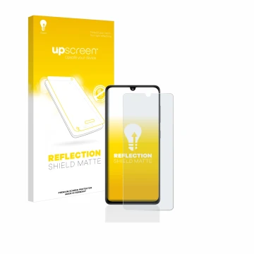 Front side of a product packaging with the brand logo upscreen. Next to it is the device Samsung Galaxy A41 shown with the cor