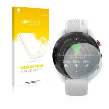 Front side of a product packaging with the brand logo upscreen. Next to it is the device Garmin Approach S62 shown with the co