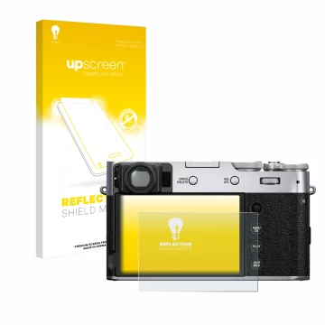 Front side of a product packaging with the brand logo upscreen. Next to it is the device Fujifilm X100V shown with the corresp