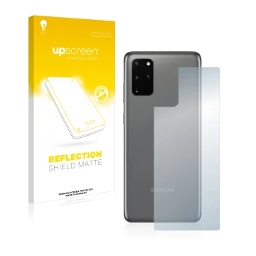 Front side of a product packaging with the brand logo upscreen. Next to it is the device Samsung Galaxy S20 Plus 5G (Back) sho
