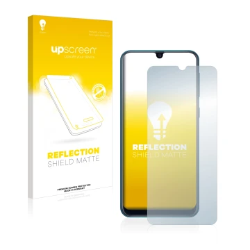 Front side of a product packaging with the brand logo upscreen. Next to it is the device Samsung Galaxy M21 shown with the cor