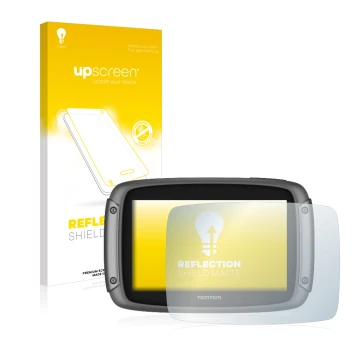 Front side of a product packaging with the brand logo upscreen. Next to it is the device TomTom Rider 50 shown with the corres