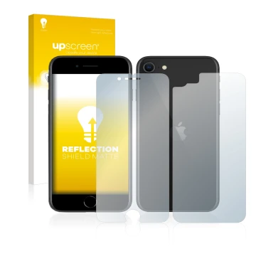 Front side of a product packaging with the brand logo upscreen. Next to it is the device Apple iPhone SE 2 2020 (Front+Back) s