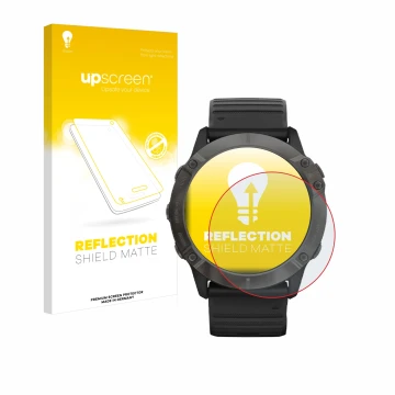 Front side of a product packaging with the brand logo upscreen. Next to it is the device Garmin Fenix 6X Pro Solar shown with 