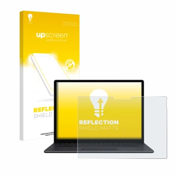 Front side of a product packaging with the brand logo upscreen. Next to it is the device Microsoft Surface Book 3 15