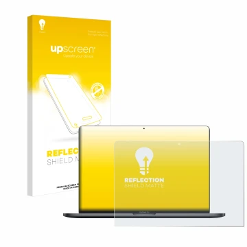 Front side of a product packaging with the brand logo upscreen. Next to it is the device Apple MacBook Pro 13