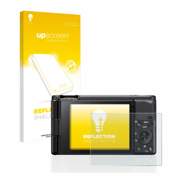 Front side of a product packaging with the brand logo upscreen. Next to it is the device Sony ZV-1 shown with the correspondin