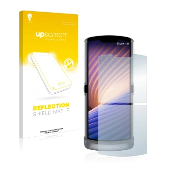 Front side of a product packaging with the brand logo upscreen. Next to it is the device Motorola Razr 5G 2020 shown with the 