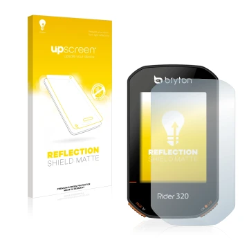 Front side of a product packaging with the brand logo upscreen. Next to it is the device Bryton Rider 320 shown with the corre