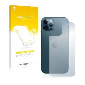 Front side of a product packaging with the brand logo upscreen. Next to it is the device Apple iPhone 12 Pro (Back) shown with