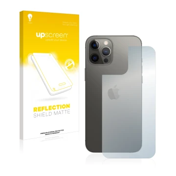 Front side of a product packaging with the brand logo upscreen. Next to it is the device Apple iPhone 12 Pro Max (Back) shown 