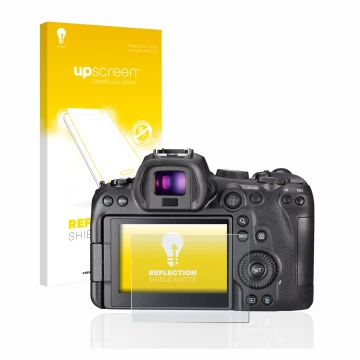 Front side of a product packaging with the brand logo upscreen. Next to it is the device Canon EOS R6 shown with the correspon