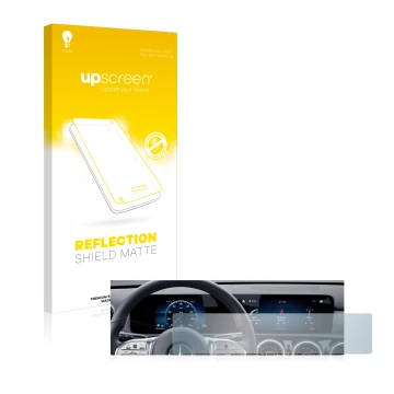 Front side of a product packaging with the brand logo upscreen. Next to it is the device Mercedes-Benz GLA 2020 Display Widesc
