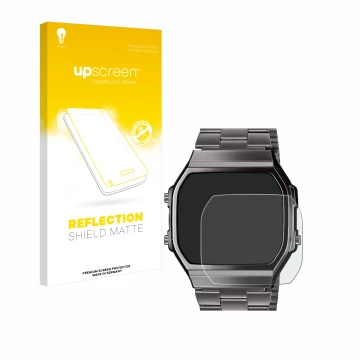 Front side of a product packaging with the brand logo upscreen. Next to it is the device Casio A168WEGG-1BEF shown with the co