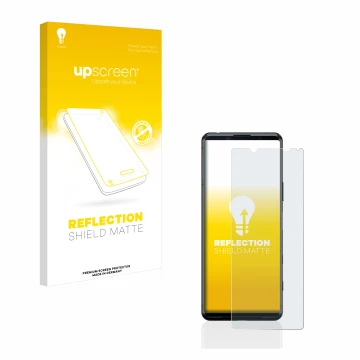 Front side of a product packaging with the brand logo upscreen. Next to it is the device Sony Xperia 5 II shown with the corre