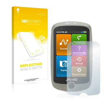 Front side of a product packaging with the brand logo upscreen. Next to it is the device Mitac Mio Cyclo Discover shown with t