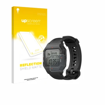 Front side of a product packaging with the brand logo upscreen. Next to it is the device Huami Amazfit Neo shown with the corr