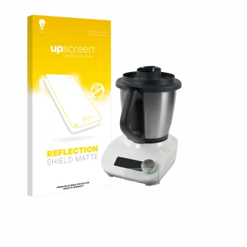 Front side of a product packaging with the brand logo upscreen. Next to it is the device Vorwerk Thermomix Friend shown with t