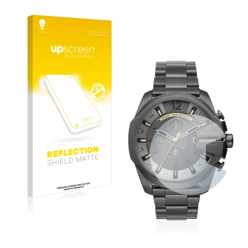 Front side of a product packaging with the brand logo upscreen. Next to it is the device Diesel Chronograph DZ4466 shown with 