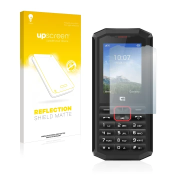Front side of a product packaging with the brand logo upscreen. Next to it is the device Crosscall Spider X5 shown with the co