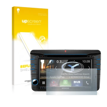 Front side of a product packaging with the brand logo upscreen. Next to it is the device Kenwood DNX518VDABS shown with the co