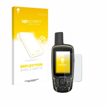 Front side of a product packaging with the brand logo upscreen. Next to it is the device Garmin GPSMAP 65 shown with the corre