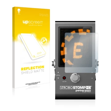Front side of a product packaging with the brand logo upscreen. Next to it is the device Peterson Strobostomp HD shown with th