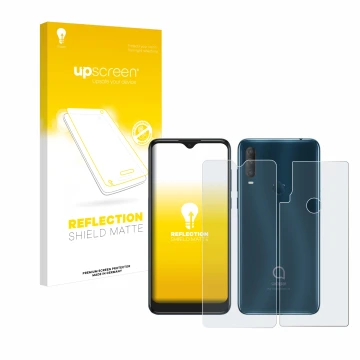 Front side of a product packaging with the brand logo upscreen. Next to it is the device Alcatel 1S 2020 (Front+Back) shown wi