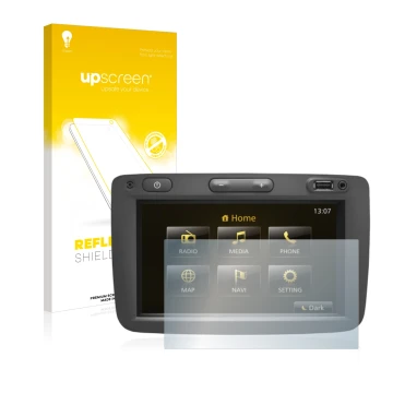 Front side of a product packaging with the brand logo upscreen. Next to it is the device Dacia Duster 2 2019 Infotainment Syst