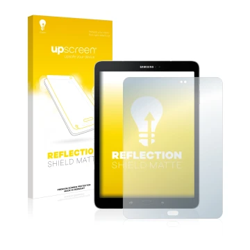 Front side of a product packaging with the brand logo upscreen. Next to it is the device Samsung Galaxy Tab S3 shown with the 