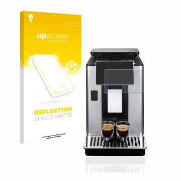 Front side of a product packaging with the brand logo upscreen. Next to it is the device DeLonghi PrimaDonna Soul ECAM610.75.M