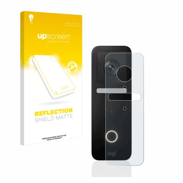 Front side of a product packaging with the brand logo upscreen. Next to it is the device Logitech Circle View Doorbell shown w