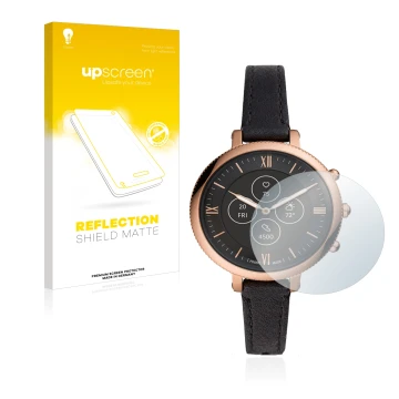 Front side of a product packaging with the brand logo upscreen. Next to it is the device Fossil Monroe Hybrid HR shown with th