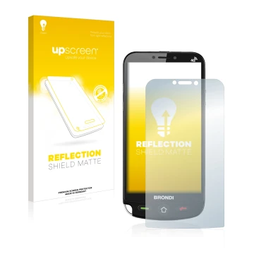 Front side of a product packaging with the brand logo upscreen. Next to it is the device Brondi Amico Dual Sim shown with the 