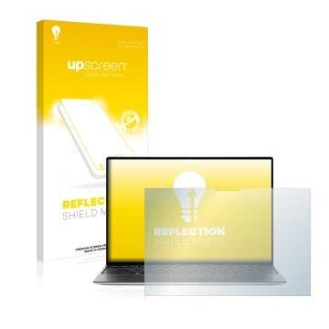 Front side of a product packaging with the brand logo upscreen. Next to it is the device Dell XPS 13 9310 Touch shown with the