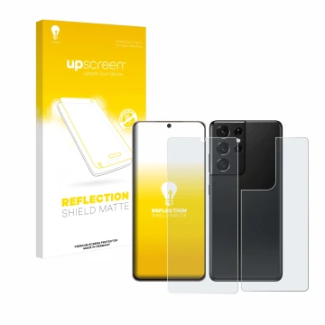 Front side of a product packaging with the brand logo upscreen. Next to it is the device Samsung Galaxy S21 Ultra 5G (Front+Ba