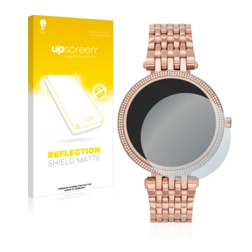 Front side of a product packaging with the brand logo upscreen. Next to it is the device Michael Kors Access Darci Gen 5E show