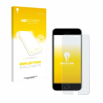 Front side of a product packaging with the brand logo upscreen. Next to it is the device Apple iPhone SE 3 2022 shown with the