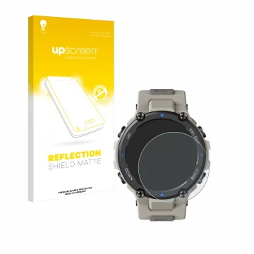 Front side of a product packaging with the brand logo upscreen. Next to it is the device Huami Amazfit T-Rex Pro shown with th