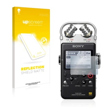 Front side of a product packaging with the brand logo upscreen. Next to it is the device Sony PCM D100 shown with the correspo