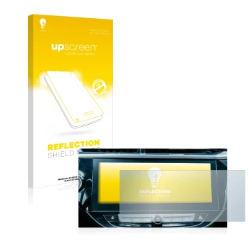 Front side of a product packaging with the brand logo upscreen. Next to it is the device Opel Corsa-e 2020 Infotainment System