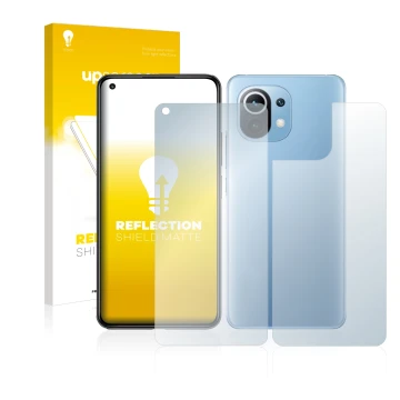 Front side of a product packaging with the brand logo upscreen. Next to it is the device Xiaomi Mi 11 Lite 5G (Front+Back) sho