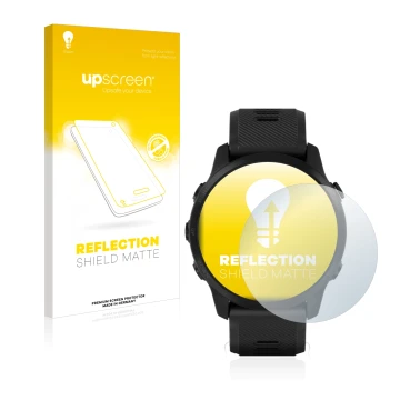 Front side of a product packaging with the brand logo upscreen. Next to it is the device Garmin Forerunner 945 LTE shown with 