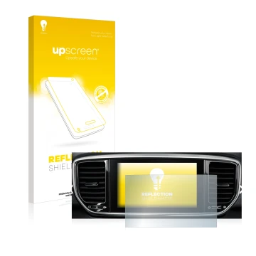 Front side of a product packaging with the brand logo upscreen. Next to it is the device Kia Sportage QLPE 2020 Infotainment S