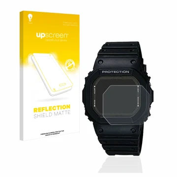 Front side of a product packaging with the brand logo upscreen. Next to it is the device Casio G-Shock GW-5000-1JF shown with 